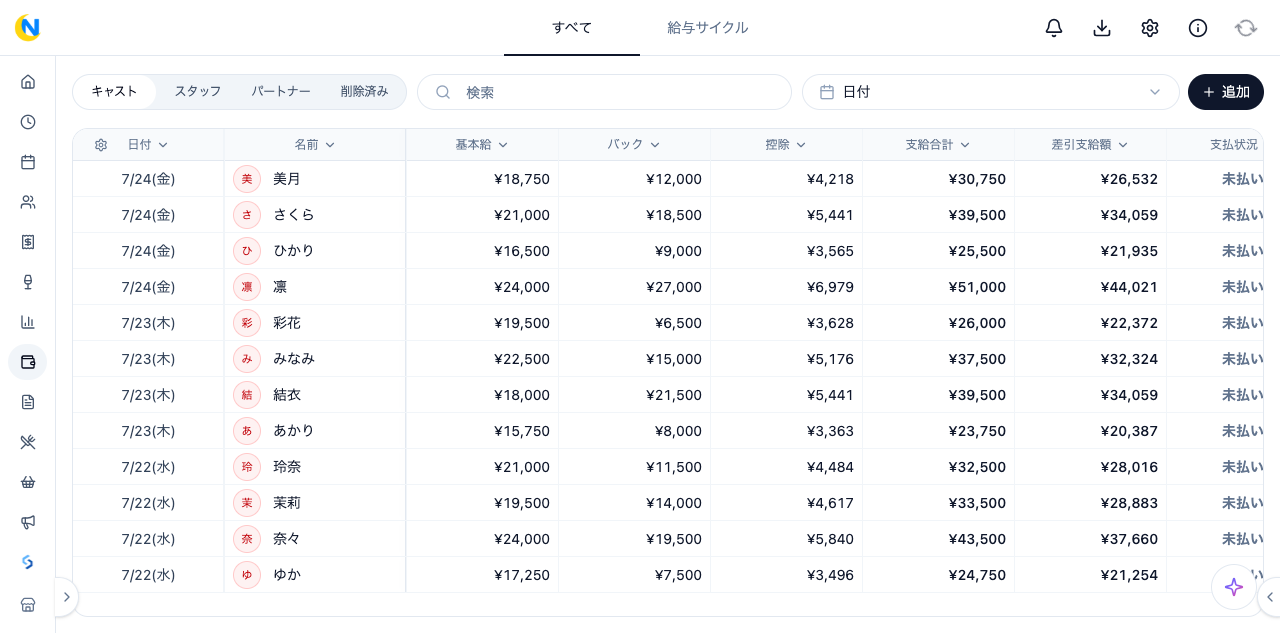Nightbaseの給与管理。基本給・バック・控除を表示したサンプル画面